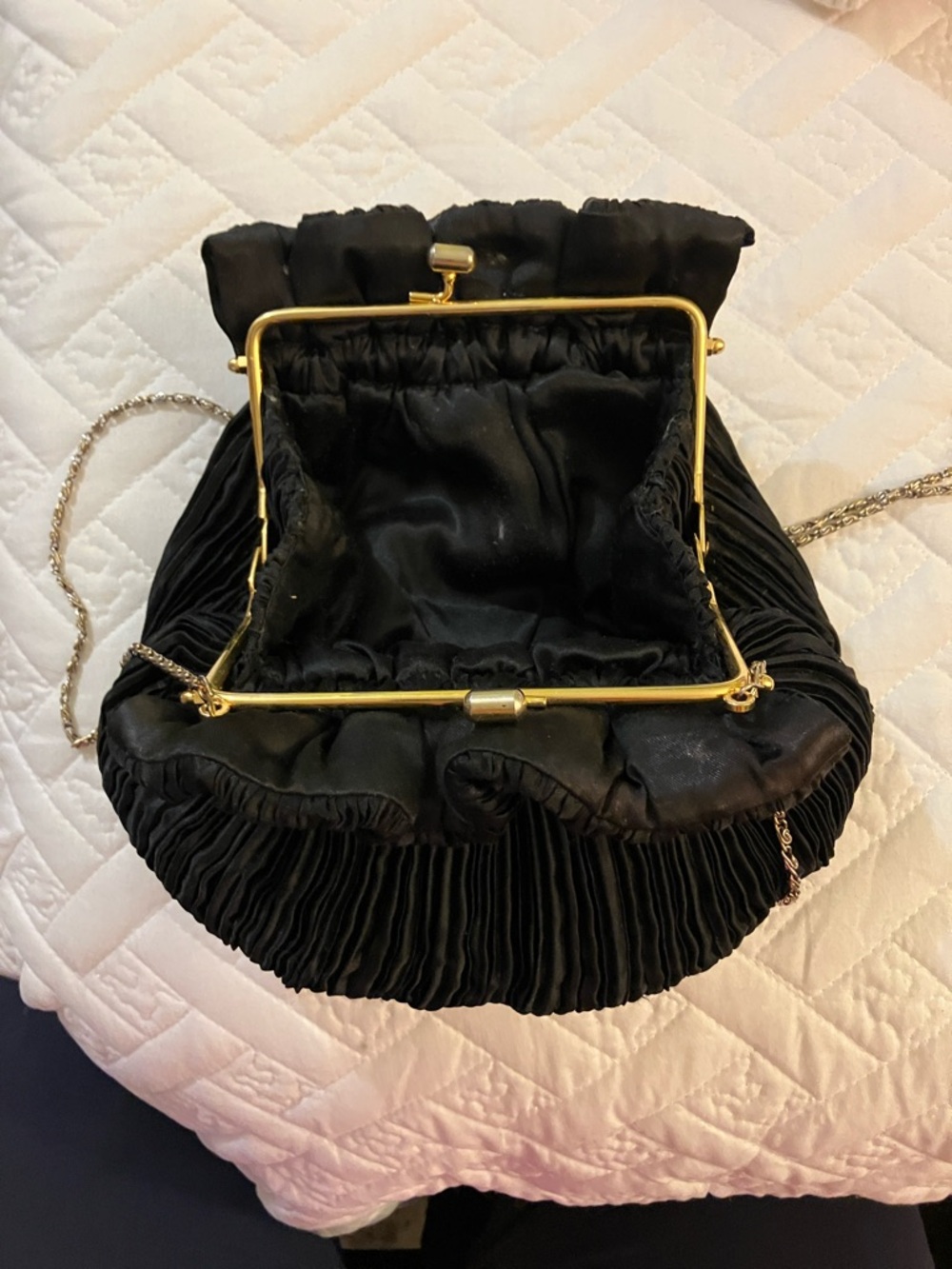 Elegant Black Pleated Evening Clutch with Gold Chain - Picture 2 of 8